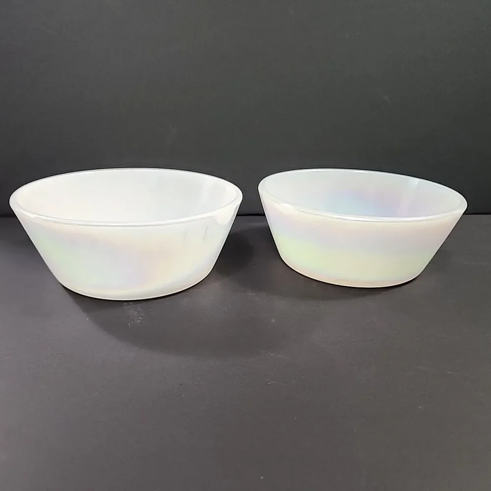 (2) Vtg Iridescent Anchor Hocking Fire King Milk Glass Custard Cups